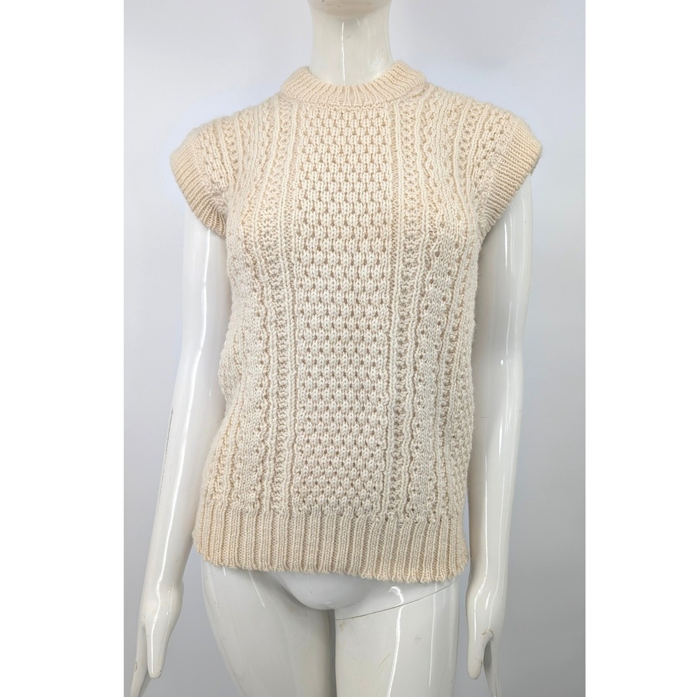 Irish Wool Sweater Vest Lisheen Hand Knit Cream Fisherman Cable Knit Ireland